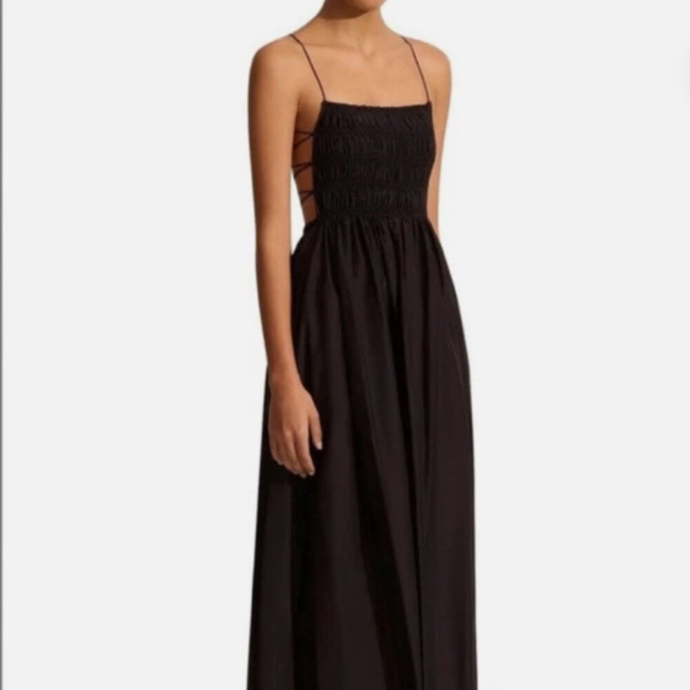 Matteau Black Smocked Bodice A-Line Midi Dress